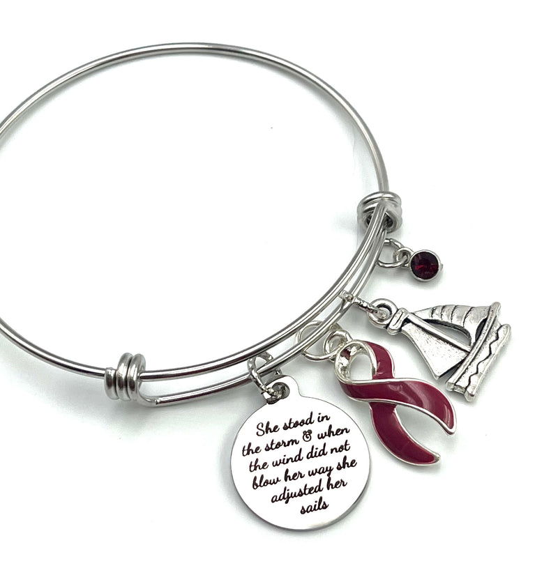 Burgundy Ribbon Charm Bracelet - She Stood In The Storm / Adjusted Her Sails