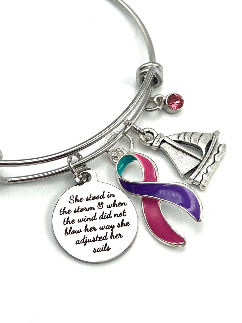 Pink Purple Teal (Thyroid Cancer) Ribbon Bracelet - She Stood In the Storm / She Adjusted Her Sails - Rock Your Cause Jewelry