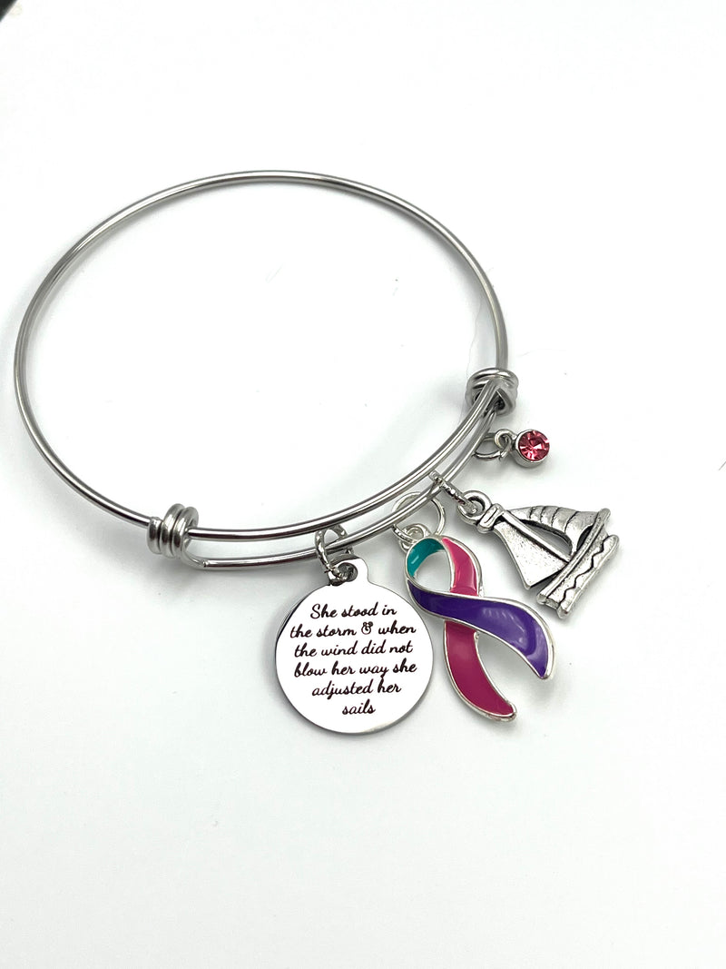 Pink Purple Teal (Thyroid Cancer) Ribbon Bracelet - She Stood In the Storm / She Adjusted Her Sails - Rock Your Cause Jewelry