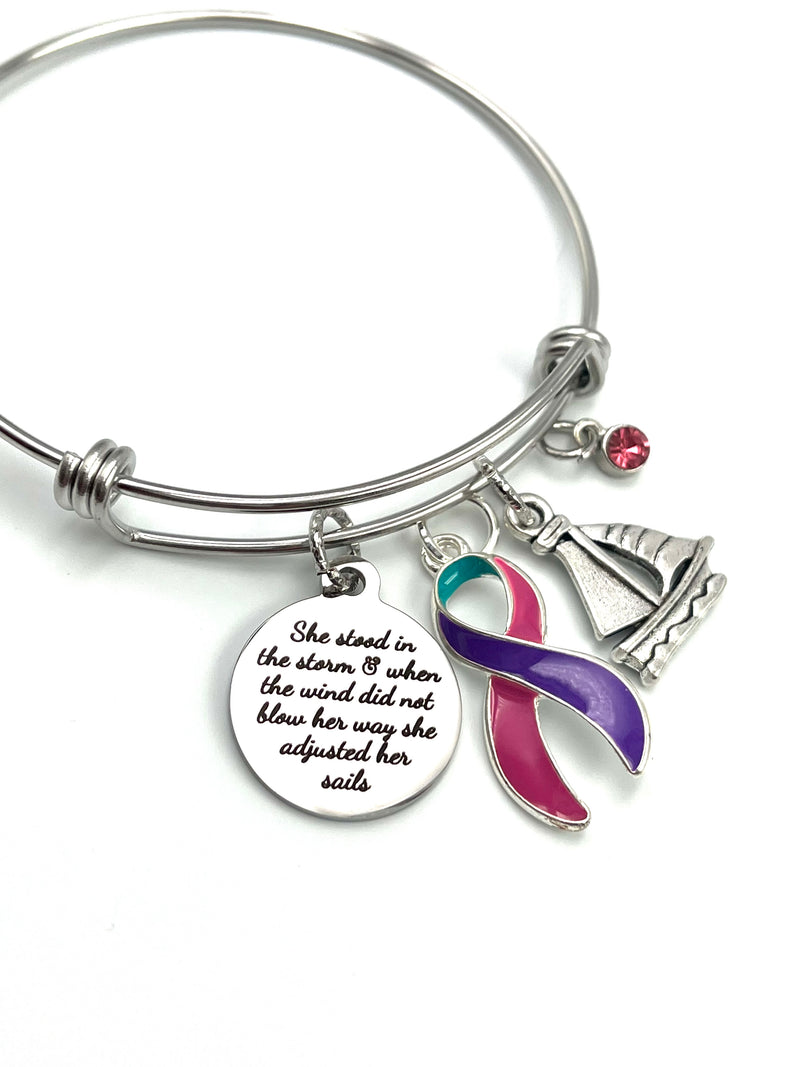 Pink Purple Teal (Thyroid Cancer) Ribbon Bracelet - She Stood In the Storm / She Adjusted Her Sails - Rock Your Cause Jewelry