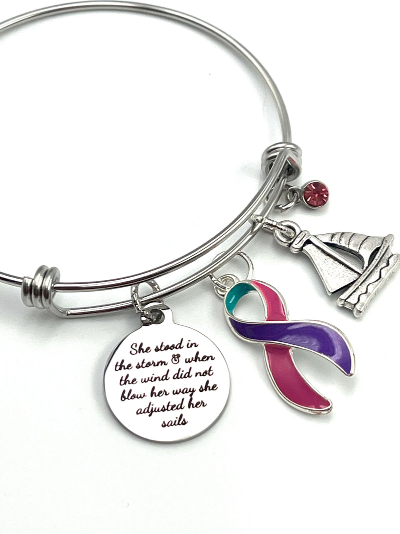 Pink Purple Teal (Thyroid Cancer) Ribbon Bracelet - She Stood In the Storm / She Adjusted Her Sails - Rock Your Cause Jewelry