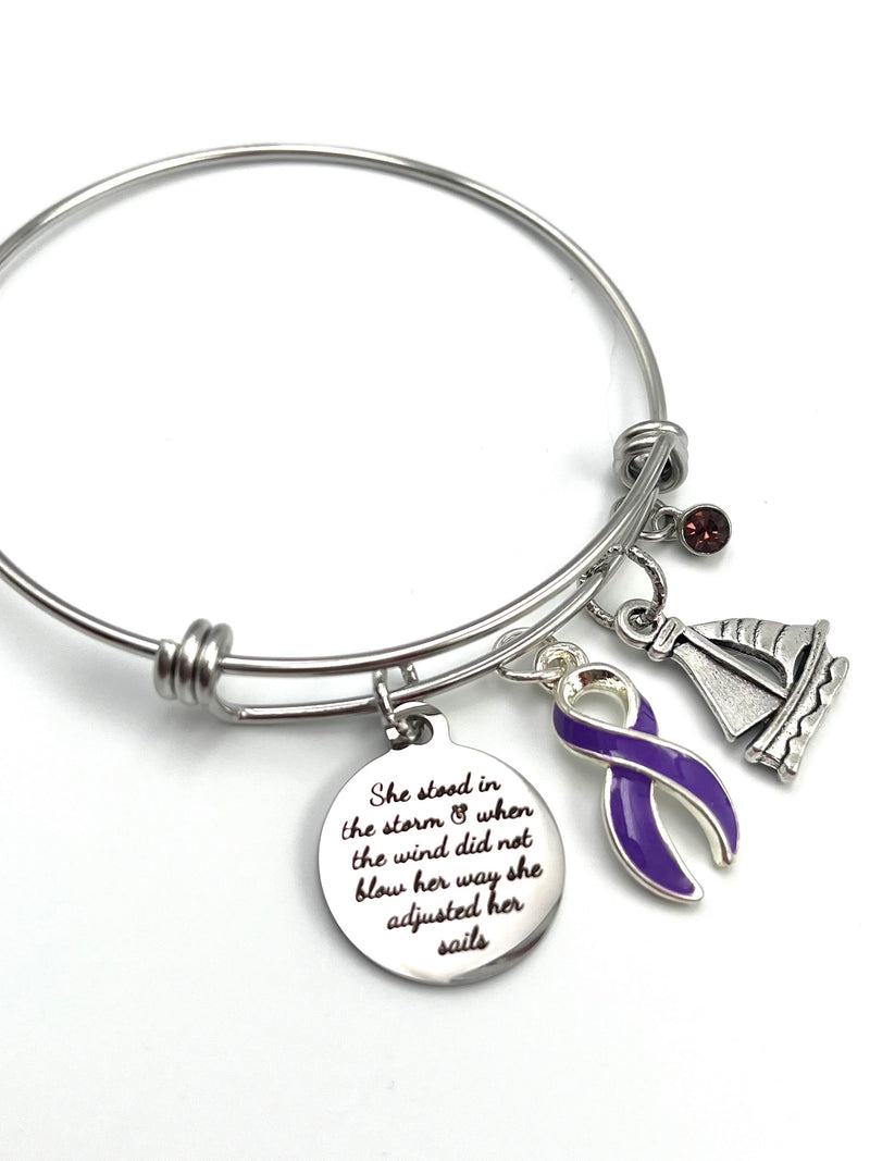 Purple Ribbon Charm Bracelet - She Stood in the Storm / She Adjusted Her Sails - Rock Your Cause Jewelry