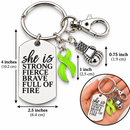 She Is Strong Fierce Brave Keychain – Lime Green Awareness Ribbon, Lyme Disease Gift, Lymphoma Survivor, Warrior Encouragement Gift