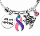 Thyroid Cancer Awareness Bracelet, Pink Teal Purple Ribbon, Just Keep Swimming, Thyroid Cancer Survivor Gift