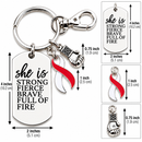 Red White Ribbon Awareness Keychain, Oral Cancer Head Neck Cancer DVT Aplastic Anemia Gift, She Is Strong Fierce Brave Warrior Gift