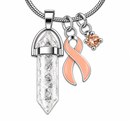 Peach Awareness Ribbon Clear Quartz Crystal Necklace – Uterine & Endometrial Cancer Survivor Gift, Healing Crystal Jewelry