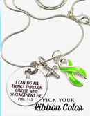 Colorful ribbon necklace from RockYourCauseJewelry with inspirational "I Can Do All Through Christ Who Strengthens Me" pendant.