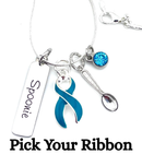 Spoonie Necklace – Personalized Chronic Illness Awareness Necklace with Ribbon Charm, Silver Spoon Pendant, Invisible Illness Gift, Fibromyalgia, Lupus, EDS Warrior Jewelry