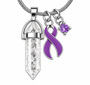 Purple Awareness Ribbon Clear Quartz Crystal Necklace – Pancreatic Cancer, Lupus, Fibromyalgia, Epilepsy & Alzheimer’s Awareness Gift