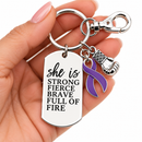 Purple Ribbon Awareness Keychain, Cancer Lupus Alzheimer's Epilepsy Fibromyalgia Survivor Gift, She Is Strong Fierce Brave