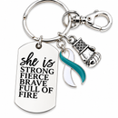 Cervical Cancer Awareness Keychain, Teal White Ribbon, HPV Awareness Gift, She Is Strong Fierce Brave, Cancer Survivor Warrior Gift