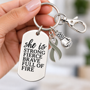 Gray Ribbon Brain Cancer Awareness Keychain, Brain Tumor Survivor Gift, She Is Strong Fierce Brave, Cancer Warrior Encouragement Gift