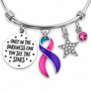 Thyroid Cancer Awareness Bracelet, Pink Purple Teal Ribbon, Thyroid Cancer Survivor Gift, Cancer Warrior Jewelry, Inspirational Star Bangle
