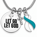 Let Go Let God Necklace, Teal White Ribbon Cervical Cancer Awareness Jewelry, Cervical Cancer Survivor Gift, Christian Faith Cross Necklace