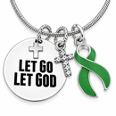 Let Go Let God Necklace, Green Awareness Ribbon, Mental Health Kidney Disease Organ Donation Gift, Christian Faith Jewelry, Cross Necklace