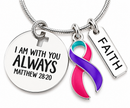 Thyroid Cancer Awareness Necklace, Pink Purple Teal Ribbon, Thyroid Cancer Survivor Gift, Matthew 28:20 Christian Faith Jewelry