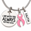 Breast Cancer Awareness Necklace, Pink Ribbon Survivor Gift, Matthew 28:20 Faith Jewelry, Christian Encouragement Gift for Cancer Warrior
