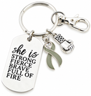 Gray Ribbon Brain Cancer Awareness Keychain, Brain Tumor Survivor Gift, She Is Strong Fierce Brave, Cancer Warrior Encouragement Gift