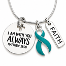 Teal Ribbon Awareness Necklace, Ovarian Cancer Survivor Gift, PTSD PCOS Endometriosis Jewelry, Matthew 28:20 Christian Faith Necklace
