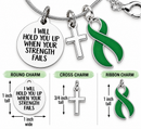 Green Awareness Ribbon Necklace – “I Will Hold You Up When Your Strength Fails” with Silver Cross