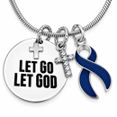Let Go Let God Necklace, Navy Blue Ribbon Colon Cancer Awareness Gift, Colorectal Cancer Survivor Jewelry, Christian Faith Cross Necklace