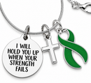 Green Awareness Ribbon Necklace – “I Will Hold You Up When Your Strength Fails” with Silver Cross
