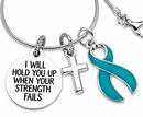 Teal Awareness Ribbon Necklace – Ovarian Cancer Gift, “I Will Hold You Up” Faith Necklace with Cross, Survivor Jewelry
