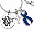 Navy Blue Ribbon Awareness Necklace, I Will Hold You Up Necklace, Colorectal Cancer Gift, Colon Cancer Support, Christian Cross Jewelry