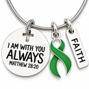 Green Ribbon Awareness Necklace, Mental Health Kidney Disease Gift, Organ Donation Jewelry, Matthew 28:20 Christian Faith Necklace