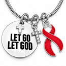 Let Go Let God Necklace, Red Ribbon Heart Disease Stroke HIV AIDS Awareness Jewelry, Christian Faith Cross Necklace, Survivor Gift