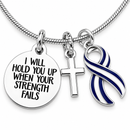 ALS Awareness Necklace – “I Will Hold You Up When Your Strength Fails” Blue & White Striped Ribbon & Silver Cross