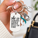 Cervical Cancer Awareness Keychain, Teal White Ribbon, HPV Awareness Gift, She Is Strong Fierce Brave, Cancer Survivor Warrior Gift