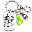 She Is Strong Fierce Brave Keychain – Lime Green Awareness Ribbon, Lyme Disease Gift, Lymphoma Survivor, Warrior Encouragement Gift