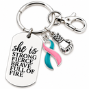 Pink Teal Ribbon Keychain, BRCA Previvor Gift, Hereditary Breast Ovarian Cancer Awareness, Preventative Mastectomy Gift, Strong Fierce Brave