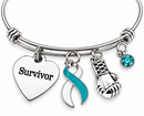 Teal & White Cervical Cancer Survivor Bracelet – Boxing Glove Fighter Gift, Awareness Ribbon Jewelry