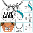 Let Go Let God Necklace, Teal White Ribbon Cervical Cancer Awareness Jewelry, Cervical Cancer Survivor Gift, Christian Faith Cross Necklace