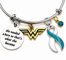 Cervical Cancer Awareness Bracelet, Teal White Ribbon Jewelry, Wonder Woman Survivor Gift, She Needed a Hero, Cancer Warrior Bracelet