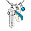 Teal & White Awareness Ribbon Clear Quartz Crystal Necklace – Cervical Cancer Survivor Gift, Healing Crystal Jewelry