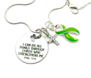 Philippians 4:13 Lime Green Ribbon Necklace, I Can Do All Things Through Christ, Crystal Cross, Lymphoma Awareness Gift