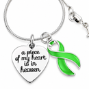 A Piece of My Heart Is in Heaven Memorial Necklace – Lime Green Awareness Ribbon Jewelry, 20" Sterling Silver Snake Chain, Sympathy & Remembrance Gift