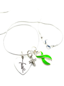 Lime Green Awareness Ribbon Necklace with Faith Heart & Pavé Cross – Mental Health, Lymphoma & Lyme Disease Support Gift