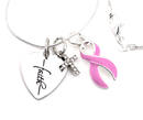 Pink Breast Cancer Awareness Ribbon Necklace with Faith Heart & Pavé Cross – Inspirational Christian Cancer Support Gift