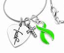 Lime Green Awareness Ribbon Necklace with Faith Heart & Pavé Cross – Mental Health, Lymphoma & Lyme Disease Support Gift