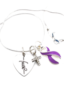 Purple Ribbon Cancer Awareness Necklace – Faith Heart, Pave Cross & Sterling Silver Chain