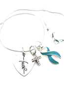 Teal Ribbon Cancer Awareness Necklace – Faith Heart, Pave Cross & Sterling Silver Chain