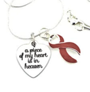 A Piece of My Heart Is in Heaven Memorial Necklace – Burgundy Awareness Ribbon Jewelry, 20" Sterling Silver Snake Chain, Sympathy & Remembrance Gift