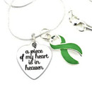 A Piece of My Heart Is in Heaven Memorial Necklace – Green Awareness Ribbon Jewelry, 20" Sterling Silver Snake Chain, Sympathy & Remembrance Gift