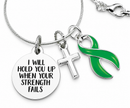 Green Awareness Ribbon Necklace – “I Will Hold You Up When Your Strength Fails” with Silver Cross