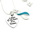 A Piece of My Heart Is in Heaven Memorial Necklace – Teal & White Awareness Ribbon Jewelry, Sympathy & Remembrance Gift
