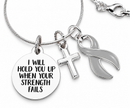 Gray Awareness Ribbon Necklace – “I Will Hold You Up When Your Strength Fails” with Silver Cross